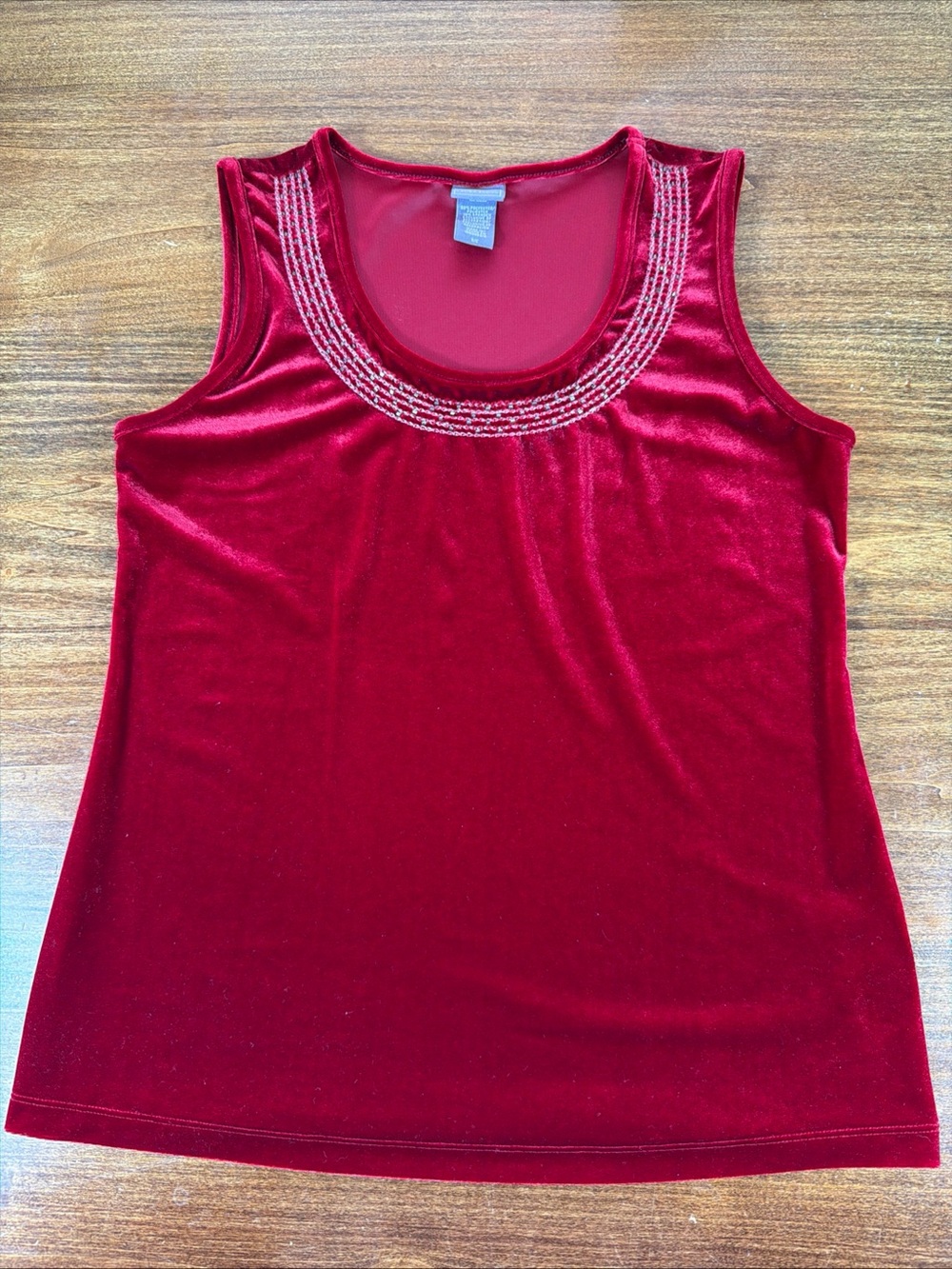 Laura Scott Beaded Sleeveless Velvet Scoop Neck Tank Top - Red